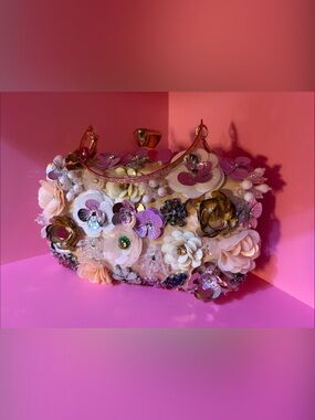 Floral Embellished Pink Sequin Flower Clutch